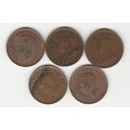 SOUTH AFRICA 1/2 PENNY 1923, 1936, 1942, 1949, AND 1950