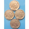 USA Buffalo nickels. 1928, 1935, 1936 and 1937