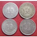 Straits Settlements coin lot. 1901, 1910, 1919 and 1941 10 cents