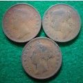 Straits Settlements coin lot. 1873, 1874and 1891 cents
