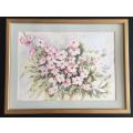 ORIGINAL THELMA WHITING - BEAUTIFUL LARGE WATER COLOUR OF PINK AND WHITE FLOWERS BEHIND GLASS