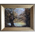 ORIGINAL T REYNEKE - AUTUMN MOUNTAIN LANDSCAPE OIL ON CANVAS PAINTING ATTACHED TO BOARD