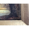 ORIGINAL T REYNEKE - AUTUMN MOUNTAIN LANDSCAPE OIL ON CANVAS PAINTING ATTACHED TO BOARD
