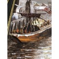 ORIGINAL - L. WONG - JUNK SHIPS IN HARBOUR OIL ON CANVAS ATTACHED TO BOARD - SIGNED
