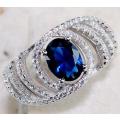 2CT Blue Sapphire & White Topaz 925 Solid Genuine Sterling Silver Ring Sz 8
