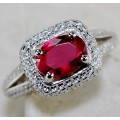 Top Quality 3CT Ruby & White Topaz 925 Solid Sterling Silver Ring  Sz 8