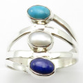 Designer 3 Stone 925 Silver   PEARL, LAPIS LAZULI, TURQUOISE Ring Size 6.5