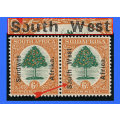 SWA 1927 - 6d Pair with Stunning Ovpt Variety Broken "O" of "South" VF/MM (SACC 69 var) Cat R130.00+
