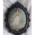 VINTAGE ITALIAN SILK PRINT OF A YOUNG GIRL, NO GLASS, BEAUTIFUL CAST BRASS ORNATE FRAME