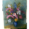 OIL ON CANVAS, FLORAL STILL LIFE OF A VASE CONTAINING  ENGLISH GARDEN FLOWERS