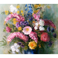 OIL ON CANVAS, FLORAL STILL LIFE OF A VASE CONTAINING  ENGLISH GARDEN FLOWERS