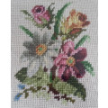 VINTAGE TAPESTRY..... SPRAY OF ROSEBUDS, DAISY, FRAMED BEHIND GLASS READY TO HANG