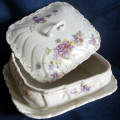 VICTORIAN DISH WITH ATTACHED SAUCER AND COVER, VIOLET DESIGN.