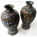 PAIR OF ANTIQUE, CHINESE BRASS AND ENAMELED VASES.