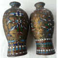 PAIR OF ANTIQUE, CHINESE BRASS AND ENAMELED VASES.