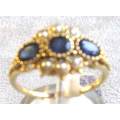 9ct Solid Yellow Gold and Genuine Blue Sapphires ans Seed Pearls Ring