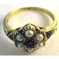 14 Kt Yellow Gold Ring with Genuine Rubies and Pearls