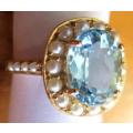 Genuine 9ct. Yellow Gold, Blue Topaz and Seed Pearls Ring