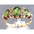 Genuine Peridots and Pearls on 9ct Solid Yellow Gold Ring