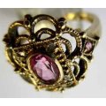 9ct . Solid Yellow Gold, Pink Topaz and Diamonds Ring