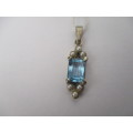 9ct White Gold and Genuine Blue topaz and Seed Pearls Pendant