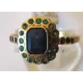 9ct Solid Yellow Gold , Genuine Emeralds  and Sapphires Ring