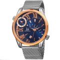 [R6667!!!] Joshua & Sons Rose Gold DUAL TIME Zone Quartz Watch w/ Blue Dial & Silver Mesh Bracelet