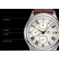 -I GENUINE I- KRONEN&SÖHNE Men White Silver Date Day Leather Automatic Mechanical Wrist Watch