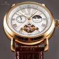 -I GENUINE I- KRONEN&SÖHNE  Analog Automatic Mechanical 24hours GOLD DIAL Leather Strap Wrist Watch