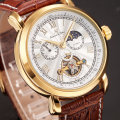 -I GENUINE I- KRONEN&SÖHNE  Analog Automatic Mechanical 24hours GOLD DIAL Leather Strap Wrist Watch