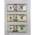 USA Five, Ten & Twenty Dollar Bills - AUNC/UNC condition (bid for the lot)