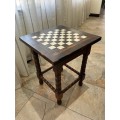 *NOT TO BE MISSED* COMPLETE AFRICAN THEMED SOLID WOOD & BONE CHESS TABLE WITH BRONZE INLAYS