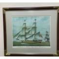 LARGE GENOVA SHIPS LITHOGRAPH IN SOLID WOOD & BRASS FRAME (2 OF 4)