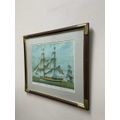 LARGE GENOVA SHIPS LITHOGRAPH IN SOLID WOOD & BRASS FRAME (2 OF 4)