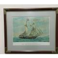 LARGE, GENOVA SHIPS LITHOGRAPH IN SOLID WOOD & BRASS FRAME (3 OF 4)