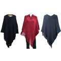 Acrylic Poncho with Fringe and Sequins One Size Colors Available: Red,Navy Blue