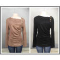 Unbalanced Neckline Side Gathered Ruched Shirt Colors Camel Sizes 32 - 42, Black Sizes 32 - 40