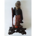 Early Chinese hand-carved and hand-painted wooden figure of Shou Lao. 22cm.