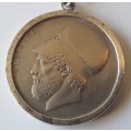 Vintage Greek 20 Drachmai (1976) Set in Solid Silver Pendant.  Stamped: `STERLING`