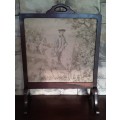 Vintage Imbuia Firescreen With Tapestry Of An 18th Century Hunting Scene.