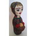 Large Vintage Folk Art Russian Papier Mache And Material `Flower Lady` Figurine . Signed.