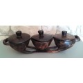Large vintage African Hand Carved 3-bowl Centre Piece With Lids.