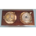 Antique Solid Brass Porthole Ship`s Clock And Barometer Mounted On Solid Blackwood Base. 62 x 30 cm.