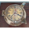 Antique Solid Brass Porthole Ship`s Clock And Barometer Mounted On Solid Blackwood Base. 62 x 30 cm.