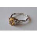 Designer Solid Sterling Silver Ring With Citrine Yellow Faceted Stone.