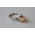 Designer Solid Sterling Silver Ring With Citrine Yellow Faceted Stone.