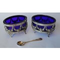 Antique German Continental Solid Silver Open Salts With Glass Liners And Silver Spoon.