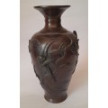 Meiji Period (1868-1912) Bronze Japanese Vase With Raised Relief Design. Signed.