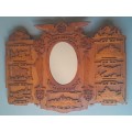 WW2 Hand Carved Oak And Walnut Hanging Mirror Wall Display. Dated 1939. 67 x 50 cm.