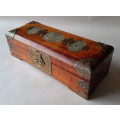 Antique Chinese Rosewood And Brass Jewelry Box With Jade Inlay.